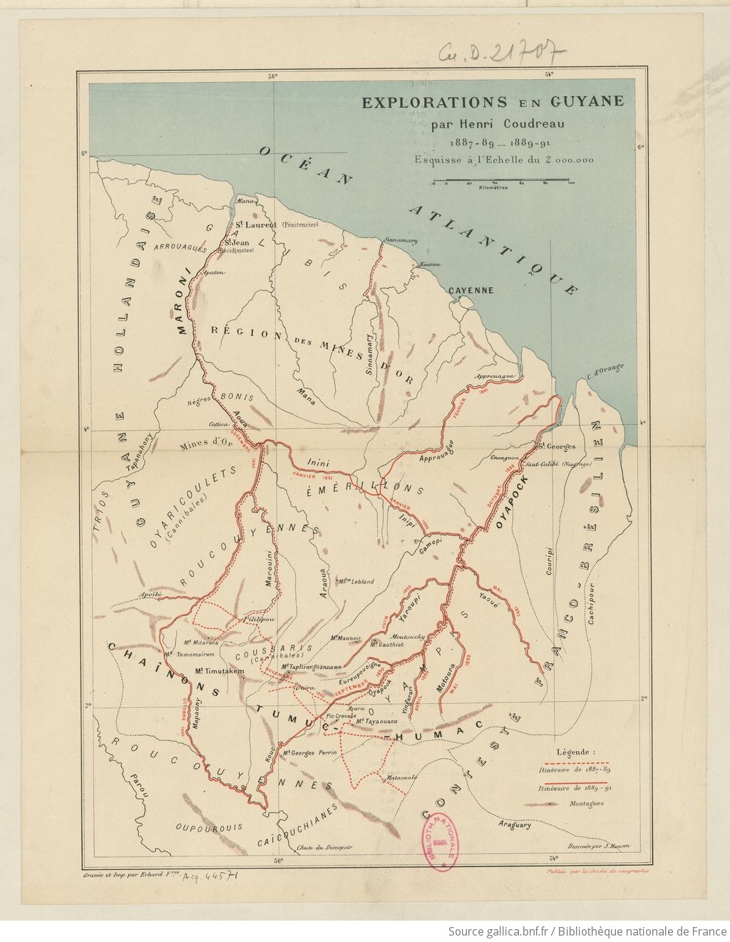  Explorations en Guyane par Henri Coudreau 1887-89 - 1889-91 / Société de Géographie Séance de réception de Mr Henri Coudreau le 15 Juin 1891 ; Dessinée par J. Hansen